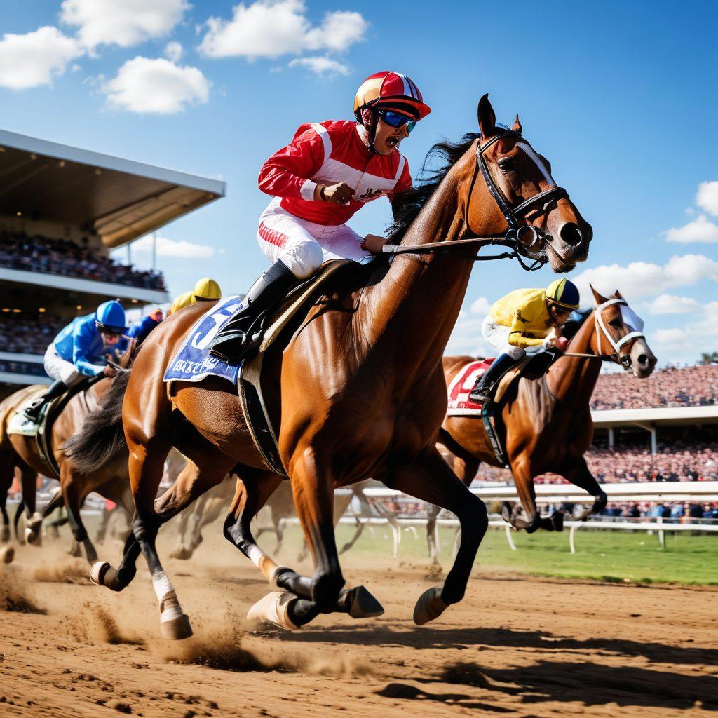 A vibrant scene capturing the excitement of a horse racing event, featuring a diverse crowd cheering in the stands, colorful jockeys in action on galloping horses, and a blurry racetrack in the background. Include details like a bright blue sky and banners displaying racing updates. The atmosphere should be dynamic and lively, showcasing both the community spirit and the thrill of the race. super-realistic. vibrant colors.