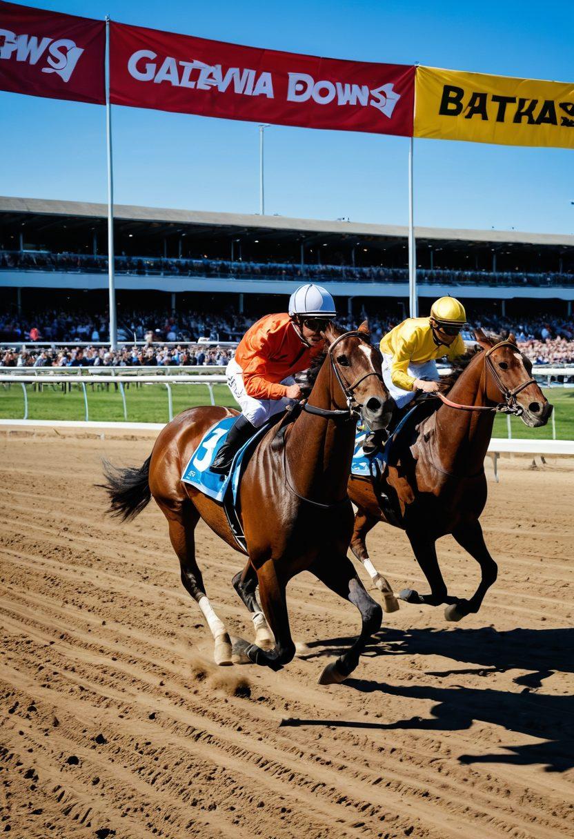 A dynamic scene capturing the excitement of horse racing at Batavia Downs, featuring a galloping horse with jockey in vibrant colors. Surrounding them are fans cheering, colorful banners fluttering in the breeze, and betting slips scattered on a table. The atmosphere is filled with energy, showcasing an outdoor racecourse with a clear blue sky. super-realistic. vibrant colors. photography.