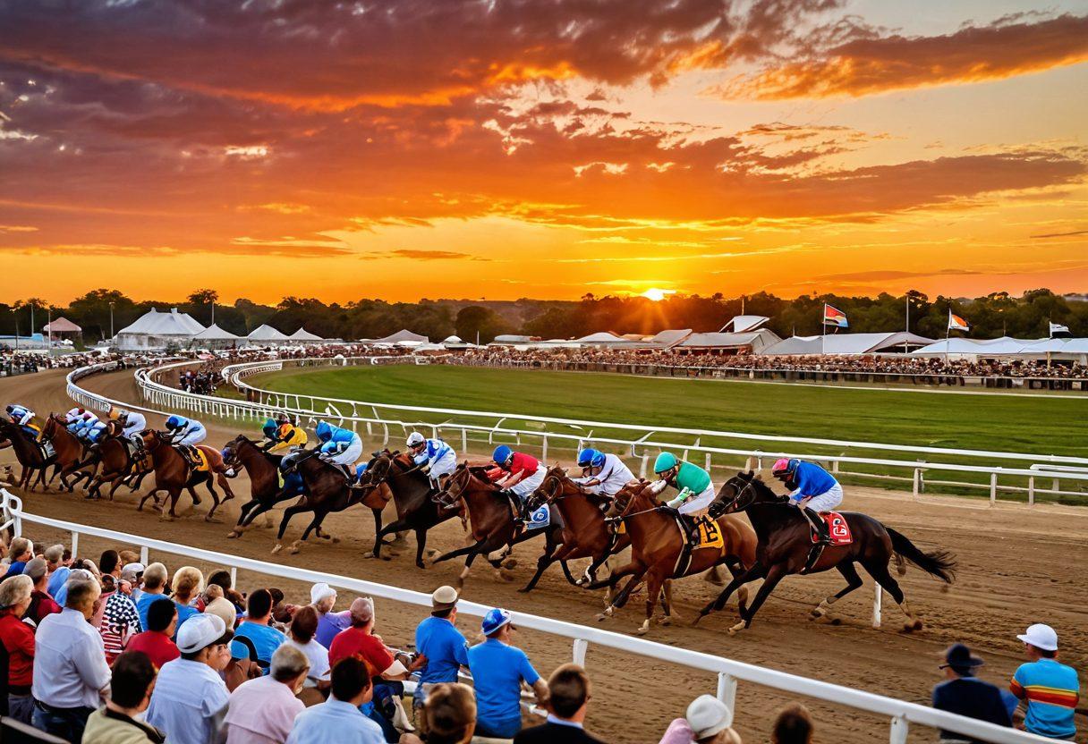 A vibrant scene of Batavia Downs filled with excited spectators, cheering during a thrilling horse race, colorful banners and flags waving in the wind, showcasing the lively atmosphere of local events. Include details like the grandstand packed with enthusiastic fans and a picturesque sunset in the background, capturing the essence of racing culture. super-realistic. vibrant colors. dynamic composition.